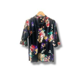 Vintage Jane Holly Blouse Sz 10 Black Multi-color Flowers V-Neck USA Union Made